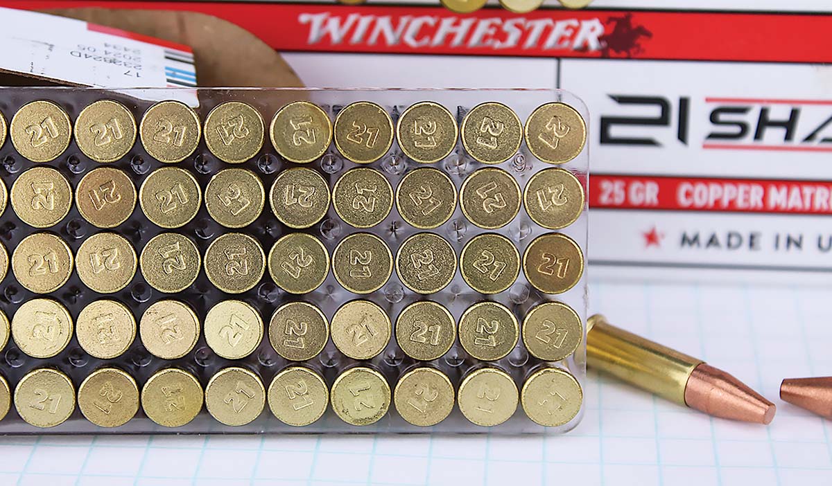 There’s a new headstamp among rimfire cartridges, identifying Winchester’s 21 Sharp. The solid copper bullet loading is available first, with three more loadings coming later in 2025.